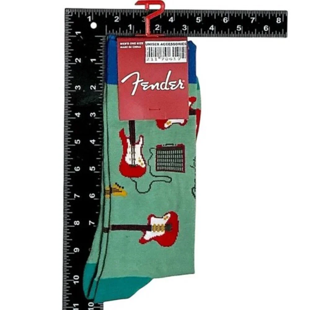 Fender Guitar Crew Socks Novelty Print Seafoam Green Blue Red Unisex Mens 7-12